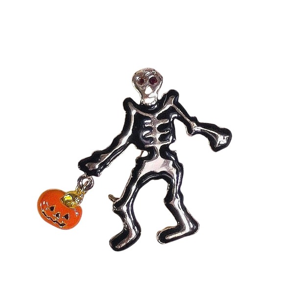 Unbranded Jewelry - Vtg Halloween Skeleton Brooch Pumpkin Dangle Enamel Kitschy Novelty Pin